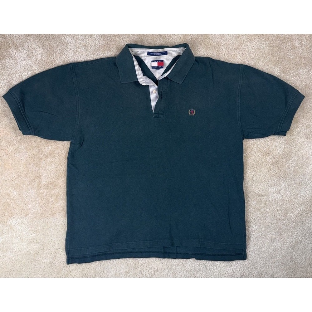 Vintage 90s Tommy Hilfiger Crest Polo Shirt Mens XLarge Green Lion Embroidered
